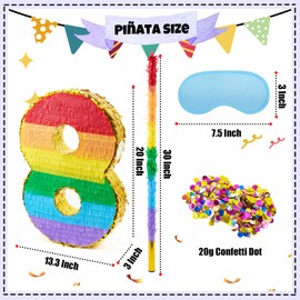 PCFING 20 Inch Number 8 Piñata Rainbow with 30 Inch Piñata Stick Blindfold Confetti for Boy Girl Kids Birthday Party Decorations, Anniversary Celebration, Fiesta
