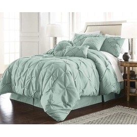 TRP 7 Piece Pintuck Comforter Set King, Pinch Pleated Classic Contemporary Elegant Textured Decorative Seafoam Bedding Warm Soft Cozy Comfy Microfiber Fabric