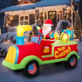 7FT Long Christmas Inflatable Outdoor Decoration Blow Up Yard Decorations Santa Claus with Presents on Chimney Pickup Truck, with Built-in LED Lights for Indoor Outdoor Home Holiday Deco