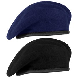 Zhehao 2 Pcs Military Beret Hat Men Wool Adjustable Army Beret with Leather Trim Vintage Beret for Men Women(Navy Blue,Black)
