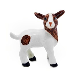 WitnyStore Tiny 1¾" White Brown Standing Look Right Baby Goat Figurine - Miniature Hand Made Painted Ceramic Domestic Cattle Livestock Farm Animals Porcelain Decorative Collectible Figures Décor Gifts