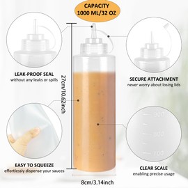 YKUKIZEE 8 Pack Large Squeezy Bottles with Nozzles 1000 ML, Clear Squeezy Sauces Bottle 32 OZ, Leakproof Plastic Squeezy Condiment Dispenser for Oil Ketchup Seasoning Syrup Dressings