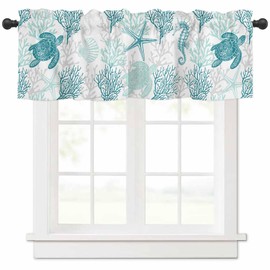 RisQiten Turquoise Coastal Valances for Windows, Summer Beach Kitchen Curtains Window Treatment Nautical Decor, Sea Turtle Coral Ocean Rod Pocket Short Window Valances for Living Room/Bedroom, 54"x18"