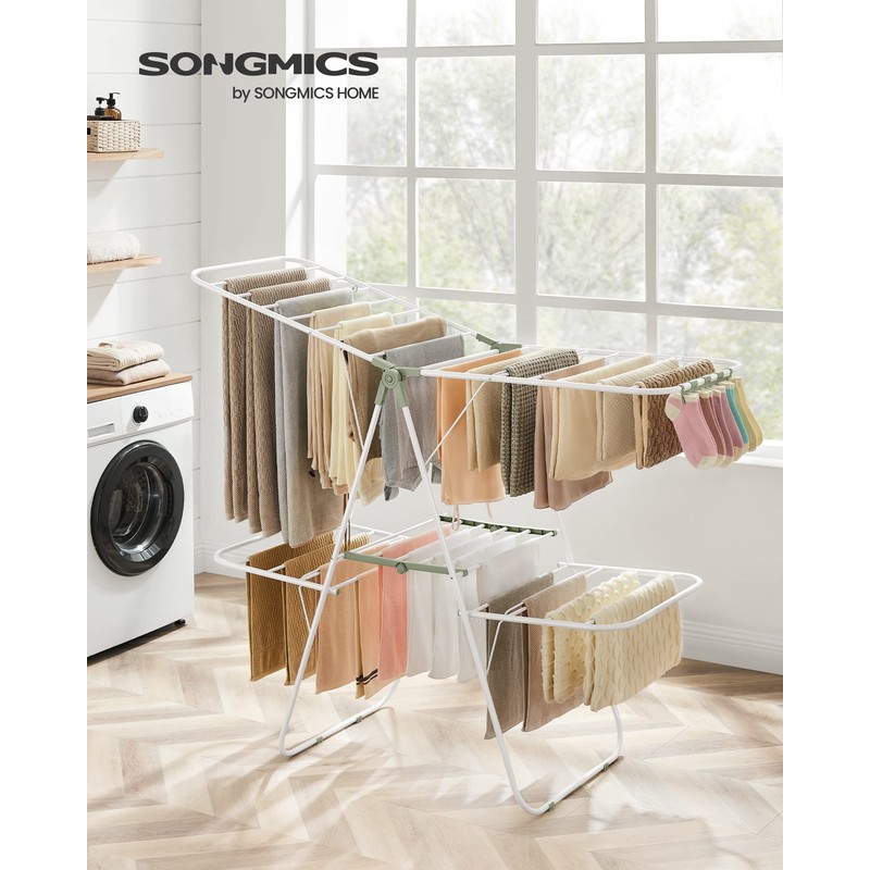 SONGMICS Clothes Drying Rack, Foldable 2-Level Laundry Drying Rack, Free-Standing
