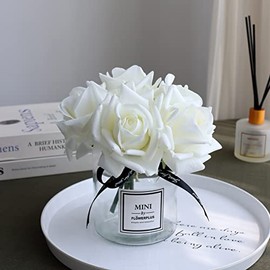 Flores Artificiales con Rosas Blancas en Jarrón, Flores Artificiales en Frasco de Vidrio con Cinta, Arreglos de Flores de Seda en Jarrón con Flores Artificiales para Decoración de Mesa de
