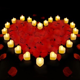 2000 Pcs Red Artificial Rose Petals with 24 Pcs Heart Shape Flameless Led Candles,Rose Petals and Candles Set,Romantic Decorations Special Night,Valentines Day Wedding Anniversary Decorations(White)