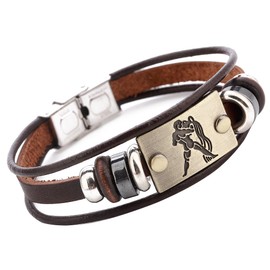 Hamoery Men Punk Beaded Alloy Multilayer Braided Rope Constellation Leather Cuff Bracelet Bangle Wristband(Aquarius)