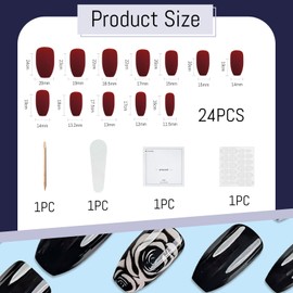 AstraGlam Rose Flower Fake Nails Set, Black with Floral Pattern, 24 False Nails for Sticking, Reusable for Elegant and Everyday Styles