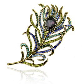 Reizteko Vintage Peacock Feather Crystal Rhinestones Teardrop Plume Brooch Pin (Purple)