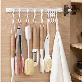 HEVOY Multifunctional Slide Rail Hook, Adhesive Wall Hooks Rack, Kitchen Utensil Holder with 10 Hooks, Cupboard Hanging Storage Rack for Bathroom Kitchen Bedroom (Side Mount + Hook, 2pc*15.75inch)