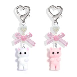 Agromusk 2PCS Cute Kitty Cat Keychain, Fuzzy Cat Decor Gift - Y2K Heart Bow Pendent Women Girls Kawaii Bag Charm (White, Pink)