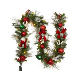 Fashionwu 9 FT Christmas Garland with 40 LED Lights, Pre-Lit Xmas Garlands for Front Door, Christmas Decoration with Bow-Knot Ball Ornaments Snowflake Berries for Fireplace Mantel Porch