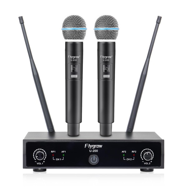 Flygrow Wireless Microphone System, Metal Dual Pro UHF Cordless Dynamic