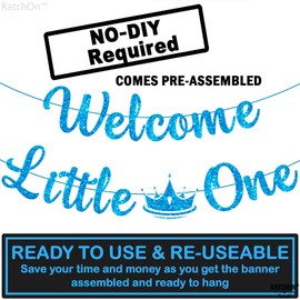 KatchOn Glitter Welcome Little One Banner - Blue, 10 Feet, No DIY | Baby Boy Welcome Banner for Baby Shower Decorations