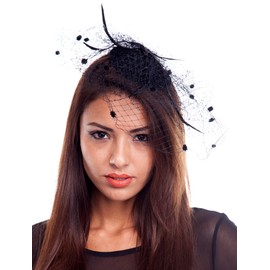 jowiha Women's Hat with Veil Mini Top Hat Fascinator with Satin Rose and Feathers - black