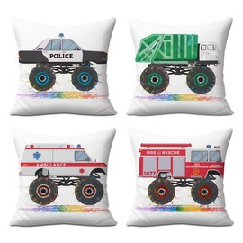 Monster Trucks Pillow Covers, Throw Pillow Covers 18x18, Pack of 4 Zipper Pillow Cases, Firetruck Garbage Truck Ambulance Police Car Pillow Protectors, Bed Playroom Nursery Boys Room Decor Pillowcase