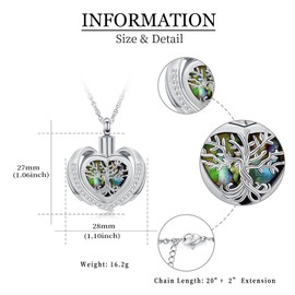 Minicremation Urn Jewelry for Ashes Tree of Life Ashes Pendant Crystal Heart Urn Necklace Mini Urn Keepsake Ash Jewelry, Stainless Steel, No Gemstone