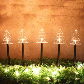 JOINTWIN Solar Christmas Tree Led Pathway Lights Waterproof for Lawn Yard Walkway Garden Decor Christmas Home Decoration Warm White Landscape Light - 5 Pack