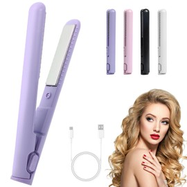 Mini Dual Purpose Curling Iron, 2025 New 2-in-1 Mini Curling Wand & Flat Iron Straightener, Portable Travel Straightener & Curling (Purple)