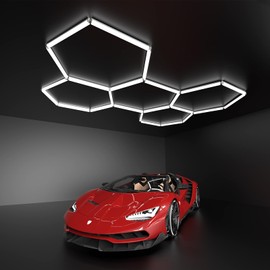 GooComfy Modern Hexagon LED Garage Light Fixture, 192W 21000LM 25 Pack Honeycomb Ceiling Light for Garage, Basement, Gaming Room, Warehouse, Gym, 5 Hexagon