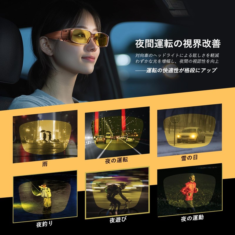 Br'Guras Men’s Night Driving Glasses, Night Lens, Slim Rectangular Frame,