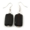 Black Glass Square Drop Earrings In Silver Tone - 60mm