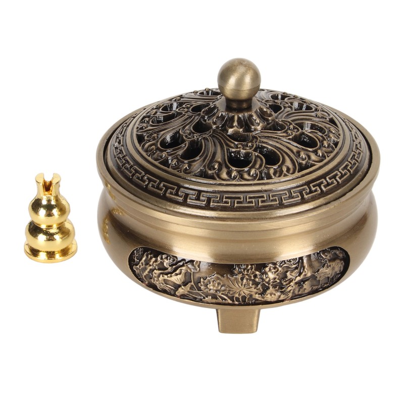 Coil Incense Burner with Lid Antique Beautifully Carved Electroplating Zinc