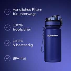 AQUAPHOR City Filter Bottle 350 ml Navy I Bottle with Water Filter for On the Go I Filter with Activated Carbon I Filters Chlorine I Made of Tritan & BPA Free I For Better Taste & Odour of Water