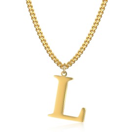 14K Gold Plated Initial Necklaces for Men Women - Gold Stainless Steel Letter Necklaces - Alphabet L Pendant Wide Cuban Chain Necklaces Jewellery Gifts