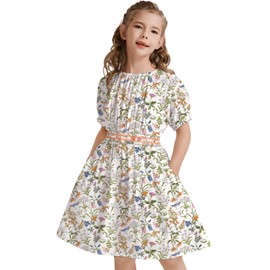 tiny sugar Girls Floral Smocked Waist Dress Church Holiday Playwear Soft Midi Dress with Pockets Flower Bird Green SS-8y