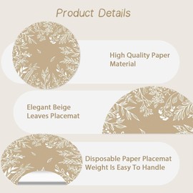 Pack of 50 Beige Leaves Paper Place Mats Round Paper Place Mats Spring Leaves Disposable Place Mats Round 34 cm Table Decoration for Easter, Birthday, Holiday, Party