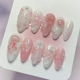 3D Shell Ocean Press on Nails Medium Almond Nail Press ons with Jellyfish Designs Full Cover Cute Acrylic Nails for Women Peal Glue on Nails Artificial Glossy Reusable False Nails 24Pcs