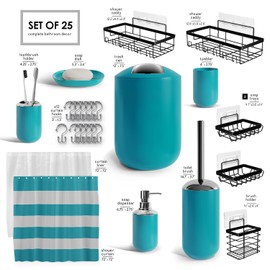 Clara Clark Bathroom Accessories Set - Bathroom Set with Adhesive Corner Shower Caddy Hanging, 25PC Bathroom Accessory Set, Teal Shower Curtain Set, Toilet Brush, Trash Can & Soap Dispenser
