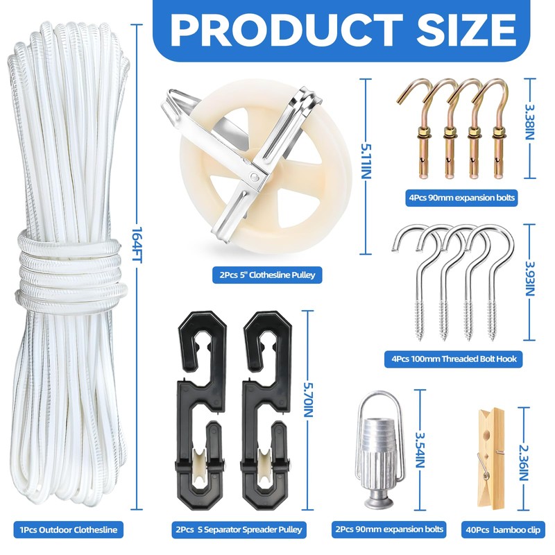 Clothesline Kit Outdoors, Clothes Line Pulley Kit, 164ft Polyester Clothes