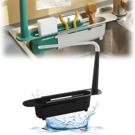 VIDSTW Sink Organiser, Scalable Sink Cloth Holder, Adjustable Sponge Holder, Sink Organiser, Bottom Hollow Design, Under Sink Organiser for Lying Cloths, Sponges (Black)