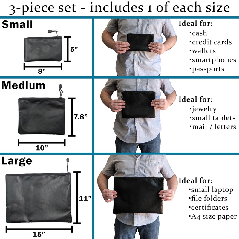 Set of 3 Fireproof Zipper Bags, Includes Large 15"x11", Medium