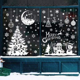 Fassory White Christmas Window Stickers 9 Sheets 202 Pcs, Reusable PVC Static Cling Double-Side Stickers for Home Shop Office, White Christmas Decorations Snowman Xmas Tree (Snowman’s Wish)