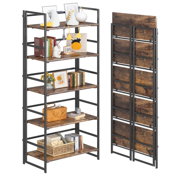 4NM 4NM 5 Tiers No Assembly Book Shelves, Black Folding