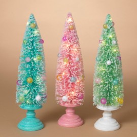 One Holiday Way Set of 3 15.5-Inch LED Lighted Pastel Pink, Blue, Green Bottle Brush Christmas Trees for Tabletop - Vintage Modern Figurine Xmas Shelf Home Decor