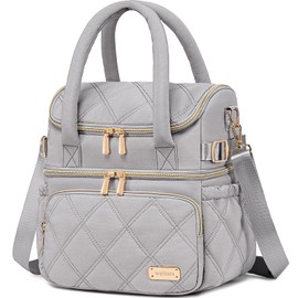 Weitars Lunch Bag for Women Men,Double Deck Lunch Box for Women,Quilted Lunch Tote for Work,Insulated Lunch Cooler Leakproof Lunchbox for Adult with Shoulder Strap &Pockets for Picnic Hiking (Gray)