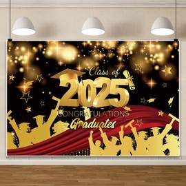 Leowefowa 10x8ft Class of 2025 Backdrop Congratulation Grad Photography Background Black Gold Bachelor Cap Star Graduation Prom Party Banner Decor Photo Supplies Prop