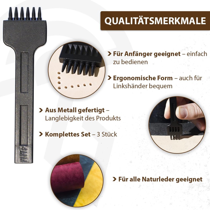CRAFTPOINT Leather Hole Punch Set, 4mm, 3 Pieces Stainless Steel
