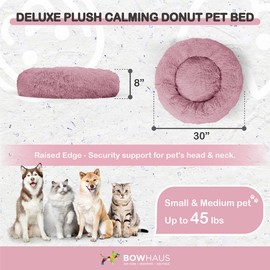 BOWHAUS 24/30 Inch Calming Donut Pet Bed for Small/Medium Cats and Dogs, Anti-Slip Bottom, Washable, Anti-Anxiety Fluffy Round Cat Bed, Indoor Shaggy Cuddler Cotton Candy Brown, Light Gray, Pink Bed