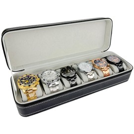 Neehows Watch Case Watch Box Organizer for Men Women, 6 Slots PU Leather Travel Watch Storage with Zipper Closure, Men's Watch Holder with Soft Removable Watch Pillows -Black