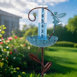 WONDER GARDEN Rain Gauge Outdoor, Decorative Fairy Rain Gauges Outdoors Best Rated, Freeze Proof Glass Water Rain Measure Gauge with Bird Feeder for Yard Patio Lawn Decor