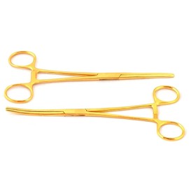MuskalMed 2 Piece Full Gold Coated Curved & Straight 10" Hemostat Set, Stainless Steel Locking Tweezer Clamps - Ideal Hemostats for Nurses, Fishing Forceps, Crafts and Hobby