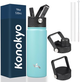 Konokyo Insulated Water Bottle with Straw,18oz 3 Lids Metal Bottles Stainless Steel Water Flask,Turquoise