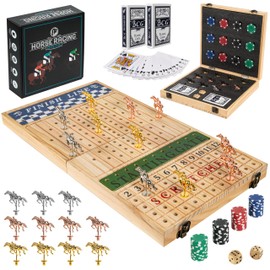 Horse Racing Board Game - 23"x12" - Derby Classic Horse Race Game with 11 Metal Horses - Foldable Wood Horse Game with Dice, Premium Chips & 2 Packs of Cards - Natural Wood