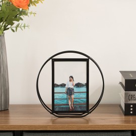 Fabulaxe Modern Circle Shape Black Metal Decor Photo Frame for Tabletop Display, 4" x 6"