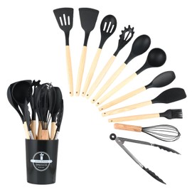 Wenrescry 12-teiliges Silikon Küchenutensilien Set, Hitzebeständig, Antihaftbeschichtet, Spülmaschinenfest, Ergonomisch, Lebensmittelecht, Mit Utensilienhalter, Schwarz: Komplettes Küchenhelfer Set